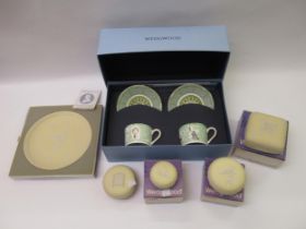 Group of five Wedgwood primrose and white Jasperware boxes etc., including four boxed, together with
