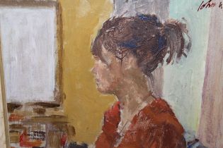Oil on canvas board, head and shoulder portrait of a young lady in an interior, bearing signature