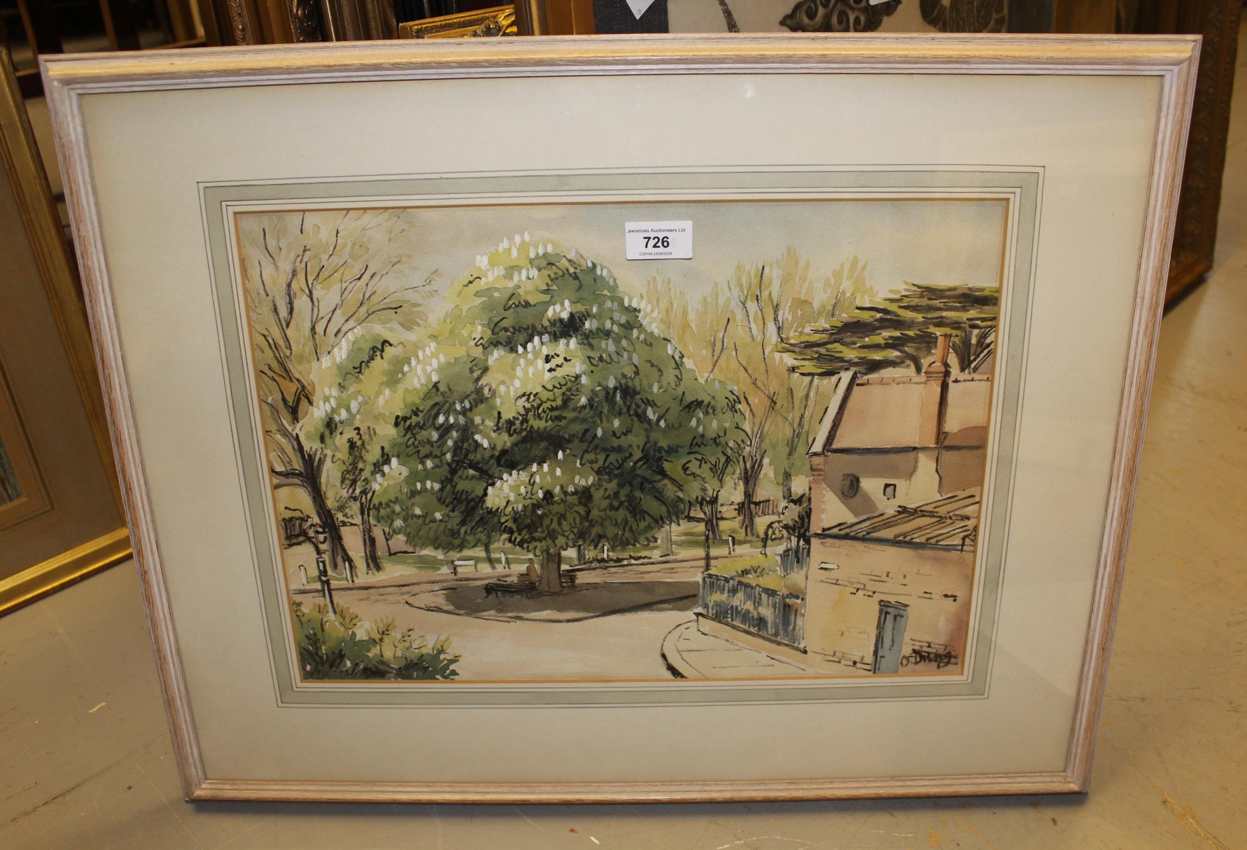 Olive Dring, ink and watercolour, street scene, signed, 31 x 44cm, framed - Image 2 of 2