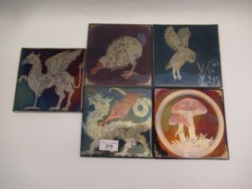 Jonathan Chiswell Jones, group of five lustre tiles, 15cm square Some crazing to all, otherwise in