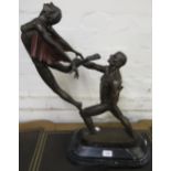 20th Century dark patinated bronze group of male and female dancers on a black flecked marble