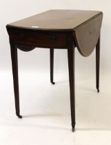 George III plum mahogany oval cross banded Pembroke table, single end drawer, on square tapering