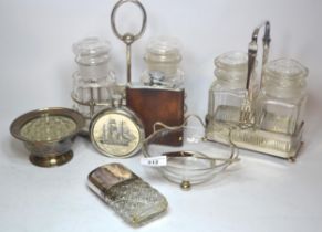 Two silver plated and glass preserve stands, silver plated and glass hip flask and sundries