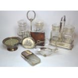 Two silver plated and glass preserve stands, silver plated and glass hip flask and sundries