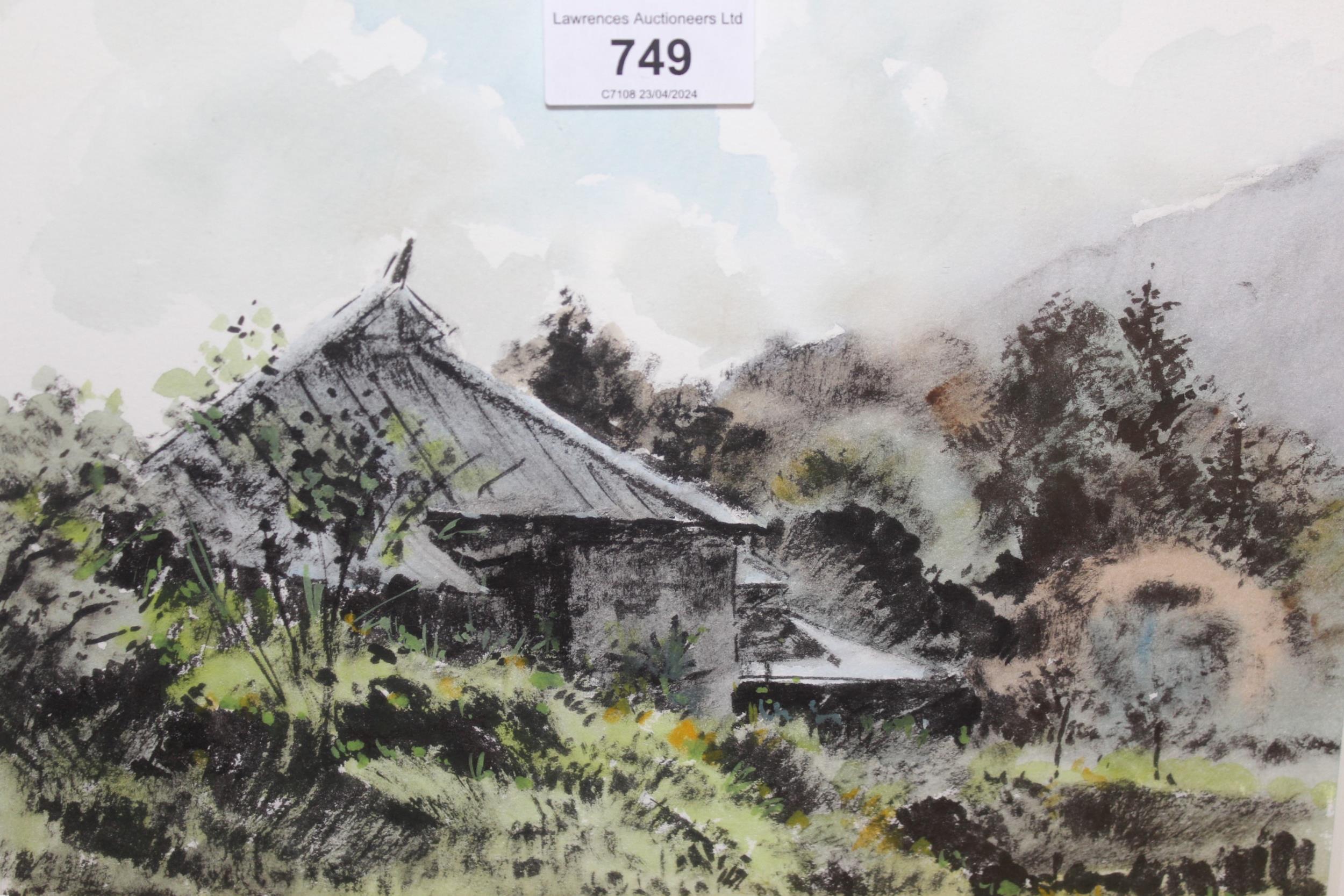 Fred Harris Mills, watercolour, view of Miasa, Japan, together with three various modern Japanese