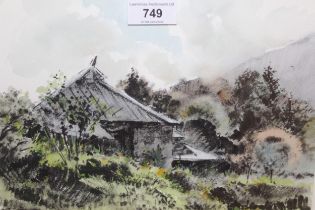 Fred Harris Mills, watercolour, view of Miasa, Japan, together with three various modern Japanese
