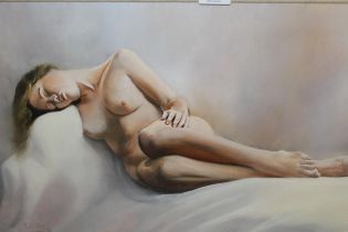 Paul Apps, oil on Masonite, reclining female nude, signed, signed again verso, 35 x 60cm, framed