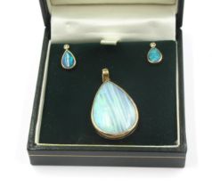 Pair of 9ct gold opal and diamond earrings, together with a 9ct gold mounted opal pendant