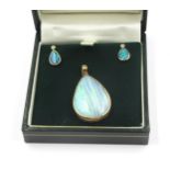 Pair of 9ct gold opal and diamond earrings, together with a 9ct gold mounted opal pendant