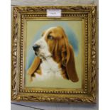 Jessica Holmes, oil on board, portrait of a Bassett hound, 18 x 15cm, gilt framed, together with