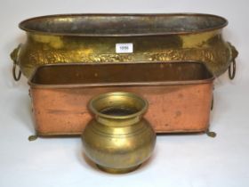 Oval brass planter, together with two other smaller planters