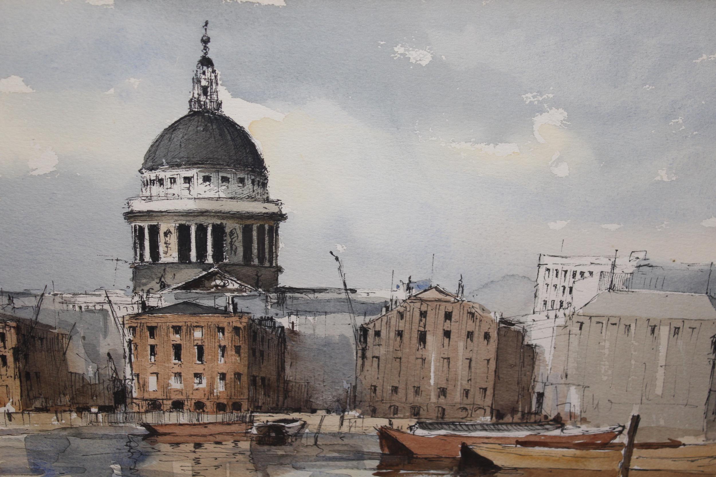 Edward Wesson, signed watercolour and ink, panoramic view of shipping on the Thames at St. Pauls, 28