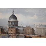 Edward Wesson, signed watercolour and ink, panoramic view of shipping on the Thames at St. Pauls, 28