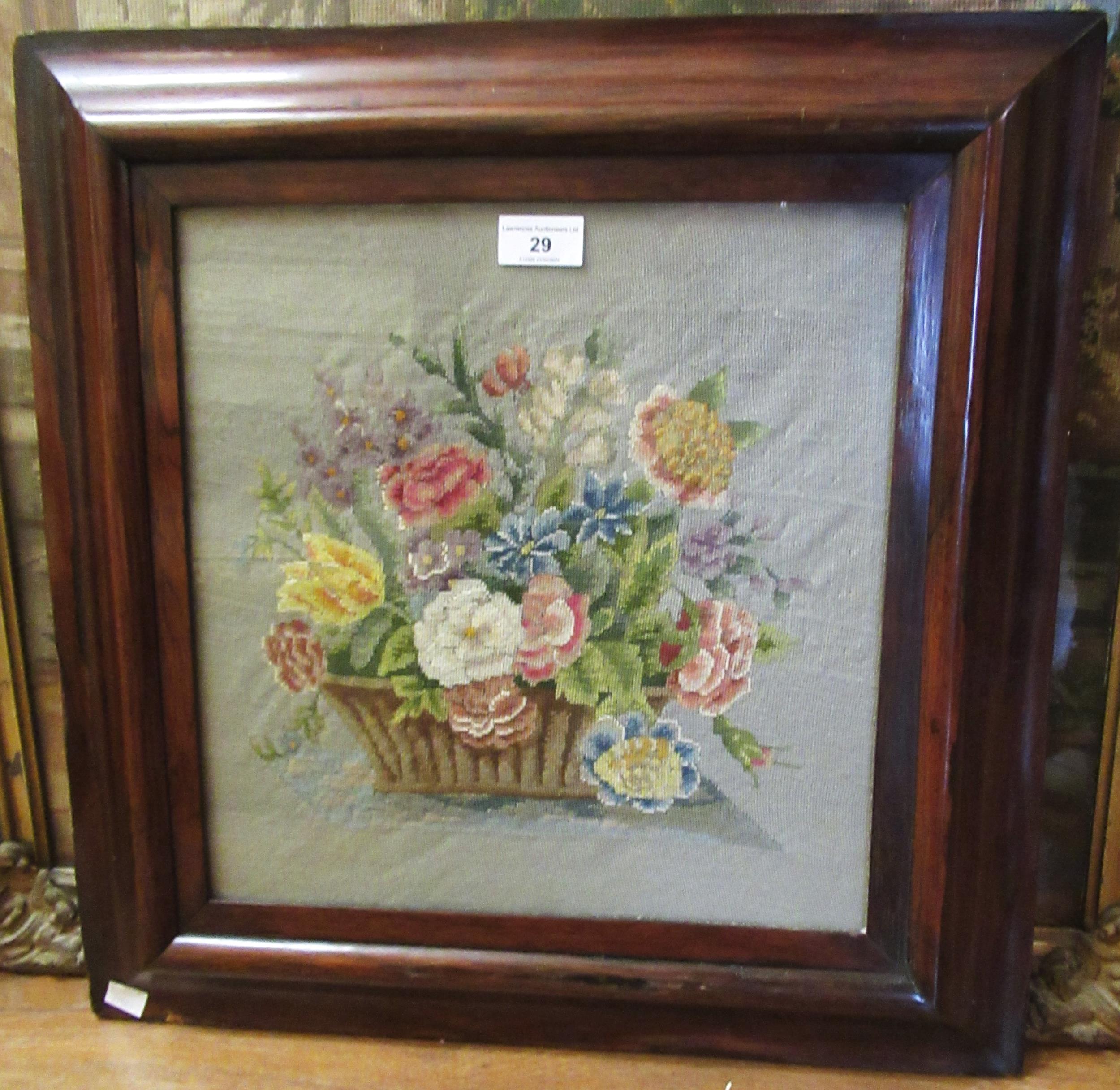 Rosewood framed needlework picture, spray of flowers in a basket, 34 x 33cm Some damages to frame,