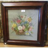 Rosewood framed needlework picture, spray of flowers in a basket, 34 x 33cm Some damages to frame,