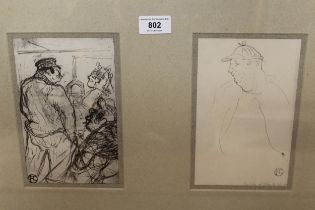 After Lautrec, two small monochrome lithographs, figure studies in a single frame, each