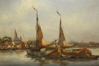 19th Century Dutch school oil on canvas, moored shipping in a canal, indistinctly signed, gilt