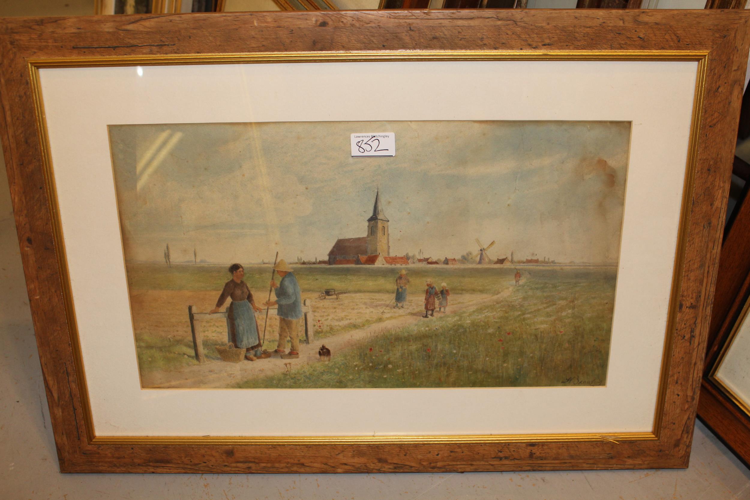 Watercolour, coastal scene with figures and boats before a quayside and cottages, indistinctly - Image 3 of 3