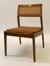 Jens Risom Design (London), set of six walnut Playboy dining chairs with rattan backs, padded