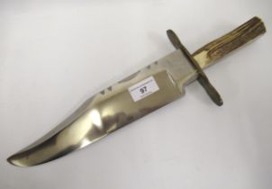 Large steel bladed Bowie knife with horn handle, 40cm long (lacking scabbard)