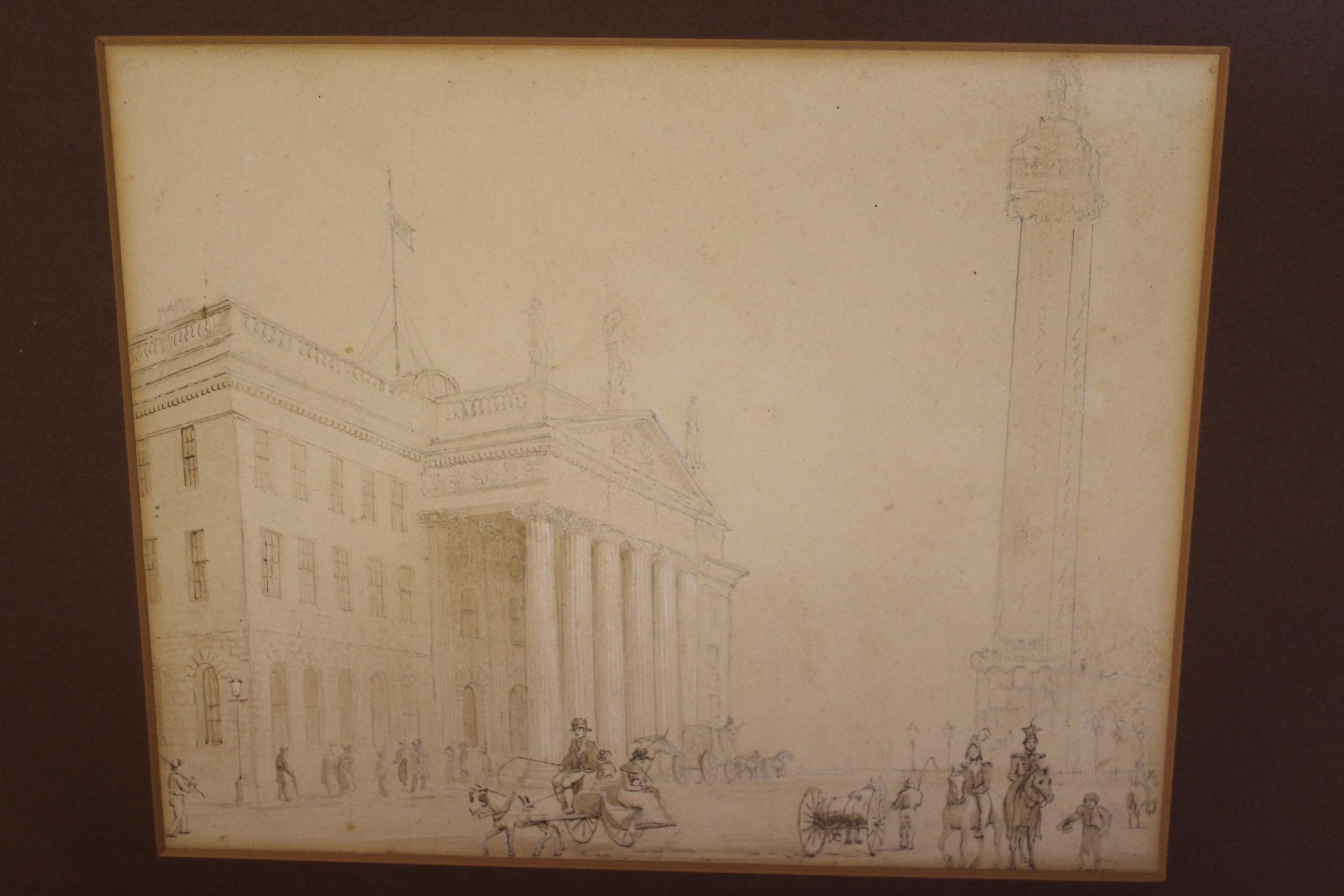 Early 19th century ink and pencil, inscribed verso ' Post Office and Nelsons Pillar ', Dublin - Image 2 of 9