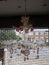 Good quality 20th century Murano glass five branch chandelier, having clear pink and gilt glass arms