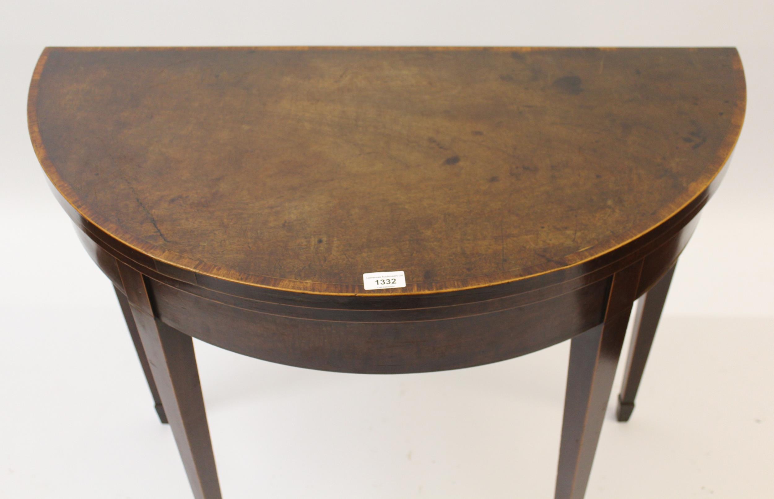 George III mahogany line inlaid demi lune fold-over card table on square tapering supports, 74cm - Image 2 of 2