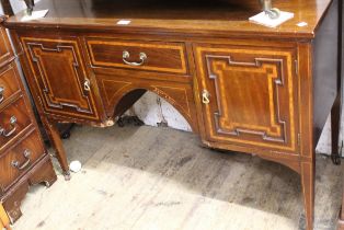 Edwardian mahogany and satinwood crossbanded kneehole dressing table (at fault), 112cm wide