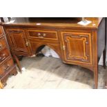 Edwardian mahogany and satinwood crossbanded kneehole dressing table (at fault), 112cm wide