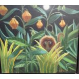 Eleanor Fein, oil on canvas, ' Jungle Monkey Peering Out ', signed, 30 x 30cm, in an ebonised