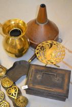 Box containing a quantity of various horse brasses, brass jug and a copper funnel