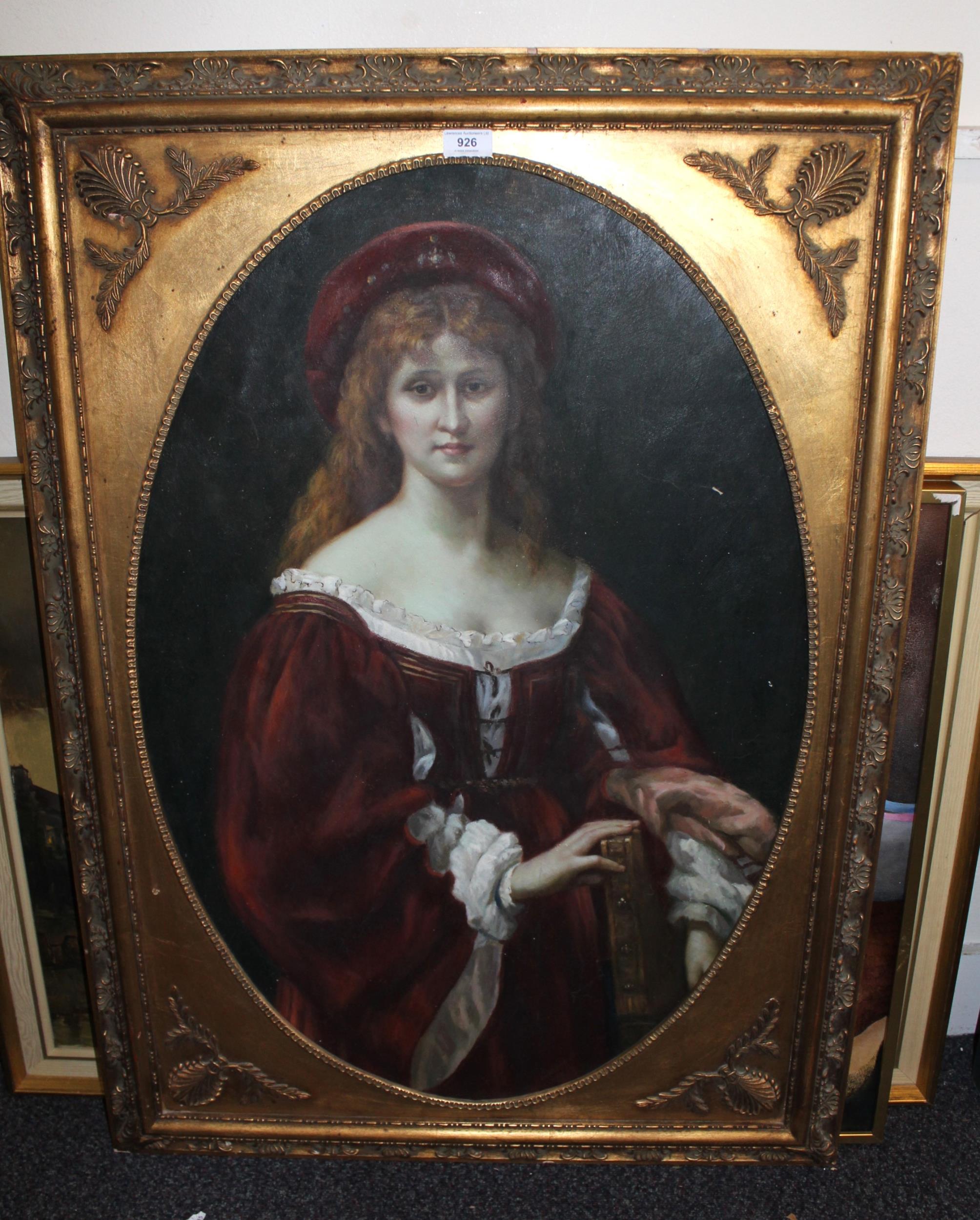 Late 20th century oil on canvas, half length portrait of a medieval lady, gilt frame, oval - Image 2 of 2