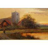 A. Hines, early 20th Century oil on card, figure before a church, signed, 16 x 52cm, gilt framed