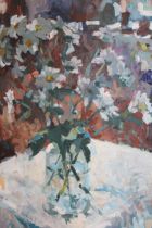 Sheree Valentine Daines, oil on board, still life of flowers on a table, signed, bearing label