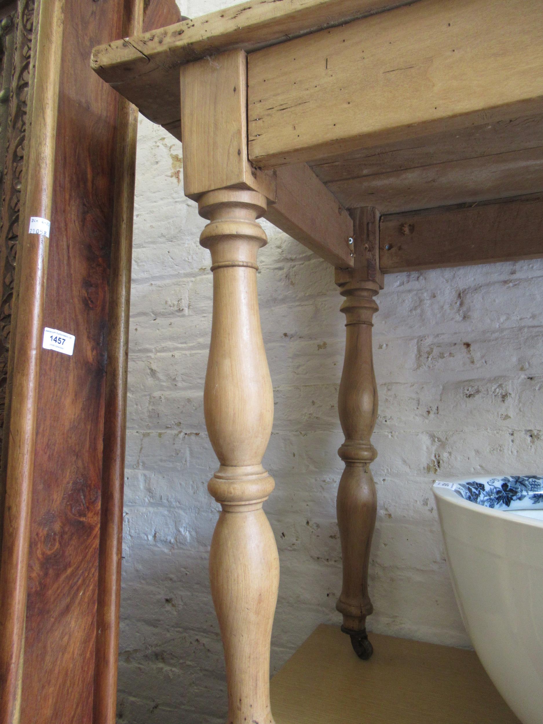 19th Century French polished pine serving table, raised on turned supports, 195 x 53 x 72cm high - Image 6 of 12