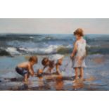 Modern British School, oil on canvas laid on board, children with a toy boat at the waters edge,