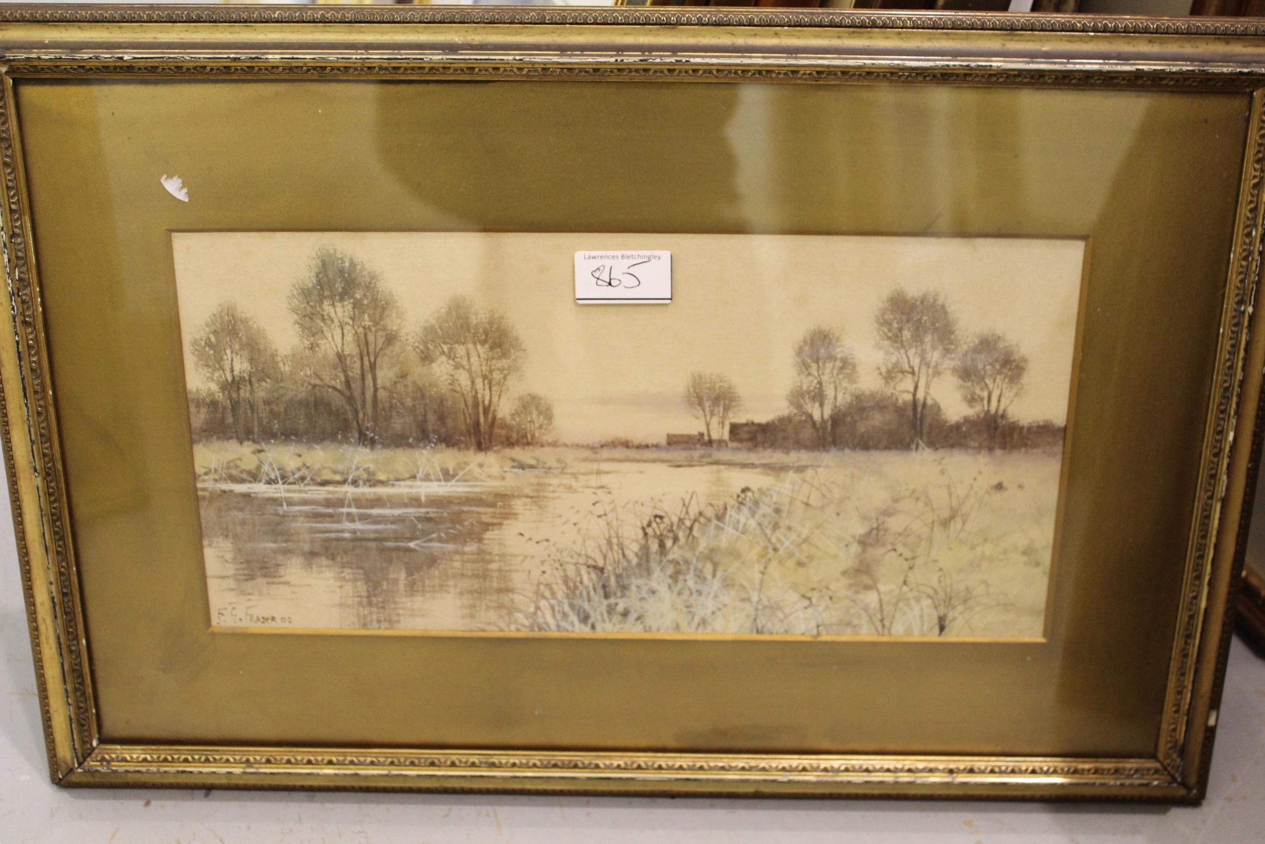 F. Gordon Fraser watercolour, river scene with church, gilt framed, signed, together with a pair - Image 4 of 4