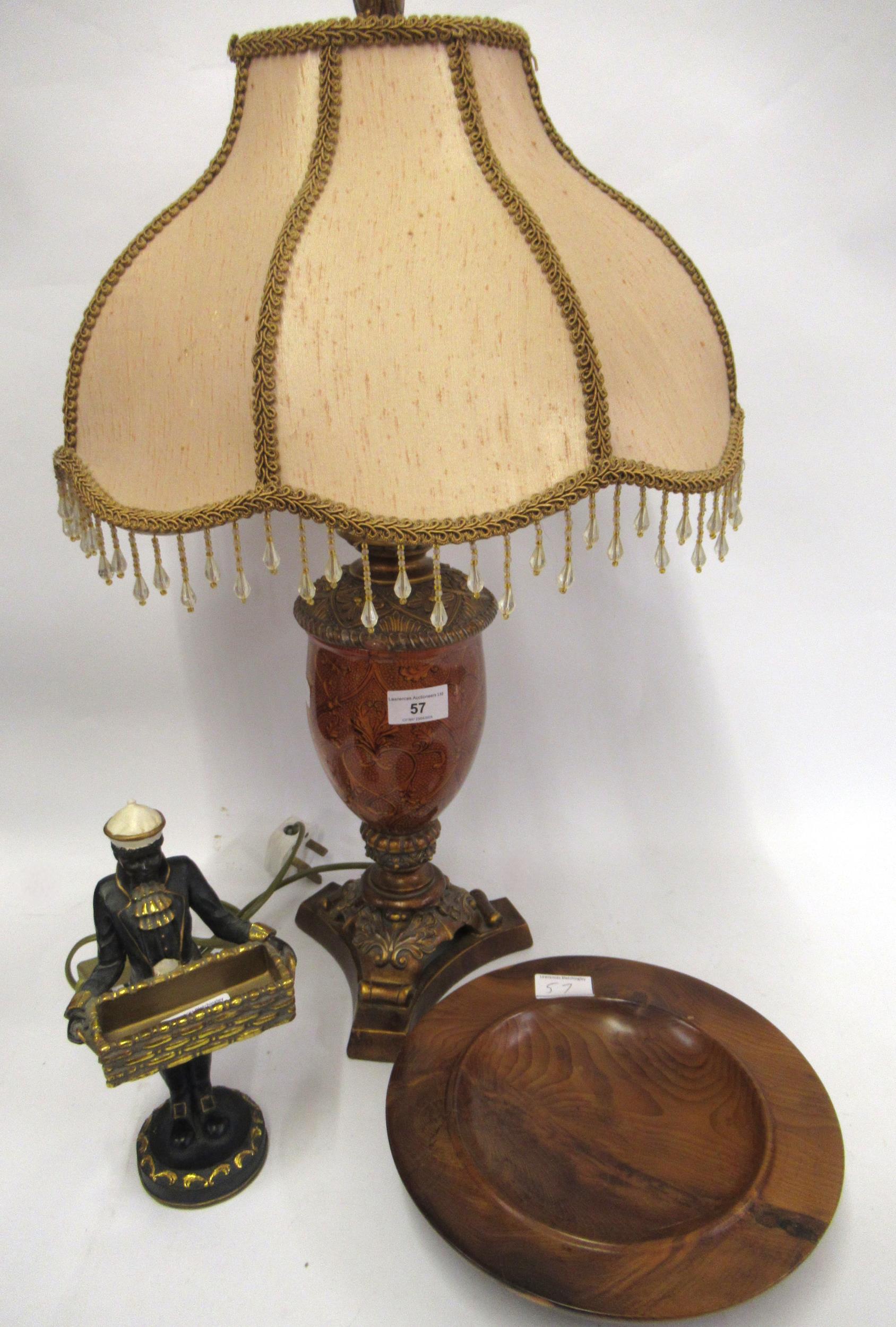 Reproduction glass and composition table lamp, reproduction composition figure of a boy carrying a