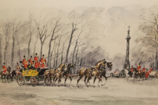 Pair of hand coloured prints of huntsmen and a horse and carriage, indistinctly signed in decorative