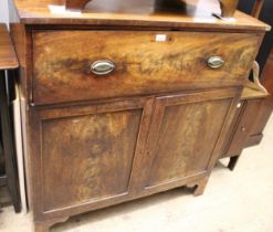 George III mahogany secretaire side cabinet, the fitted drawer with a fall front and oval brass