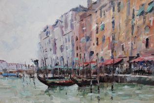 Alan Brown oil on canvas board, Venice backwater with moored boats, signed, 29 x 39cm