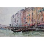 Alan Brown oil on canvas board, Venice backwater with moored boats, signed, 29 x 39cm