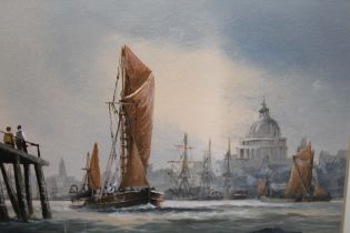 Ken Hammond, watercolour, shipping on the River Thames, signed, gilt framed, 12.5 x 15cm