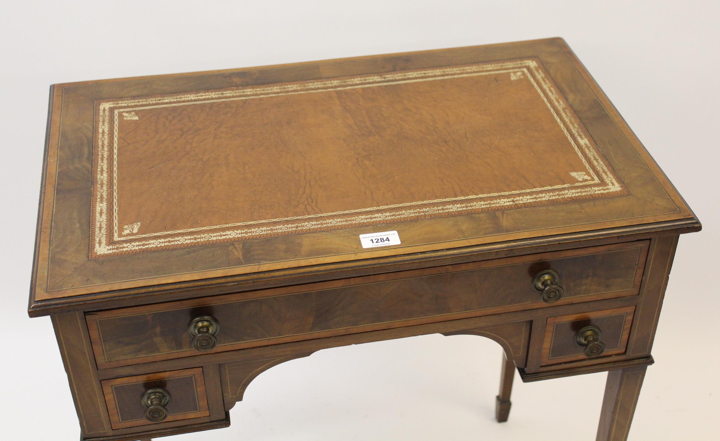 Small Edwardian mahogany and satinwood crossbanded writing table, the tooled leather inset top above - Image 2 of 2