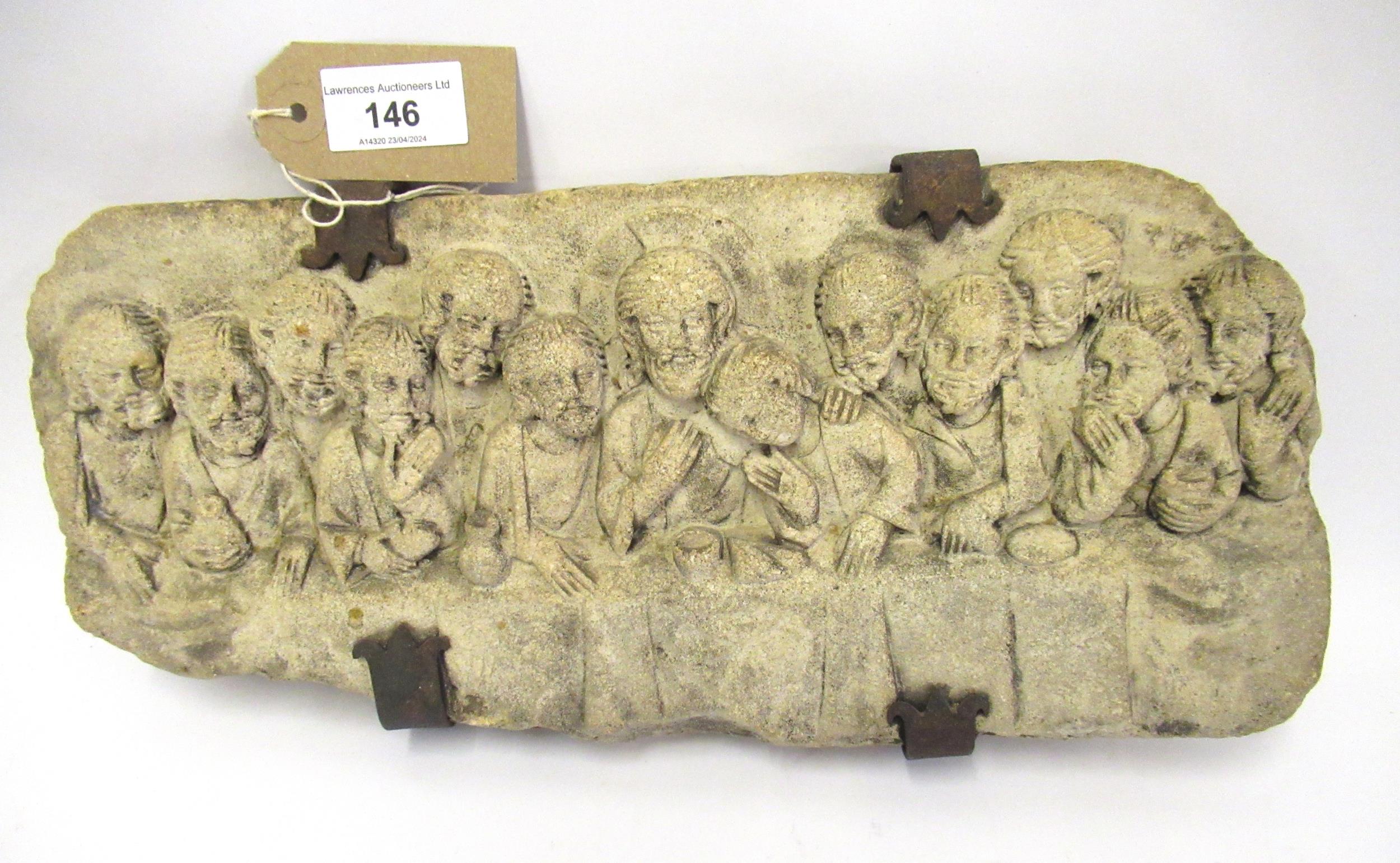 Romanesque medieval style rectangular stone plaque ' The Last Supper ', 37 x 17cm, with iron