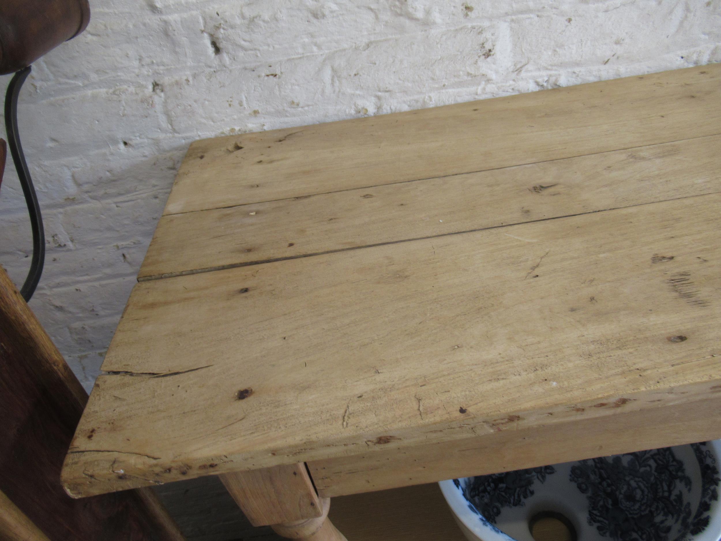 19th Century French polished pine serving table, raised on turned supports, 195 x 53 x 72cm high - Image 4 of 12