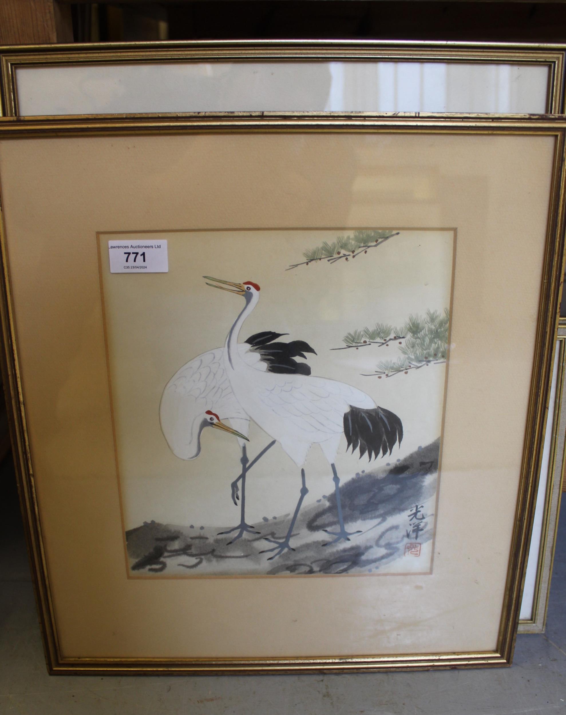 Chinese watercolour study of cranes, signed, 26 x 23cm, with Cooling Galleries label verso - Image 2 of 2