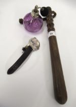 Hardwood truncheon, modern wristwatch by Daniel Hechter and an etched glass perfume atomiser