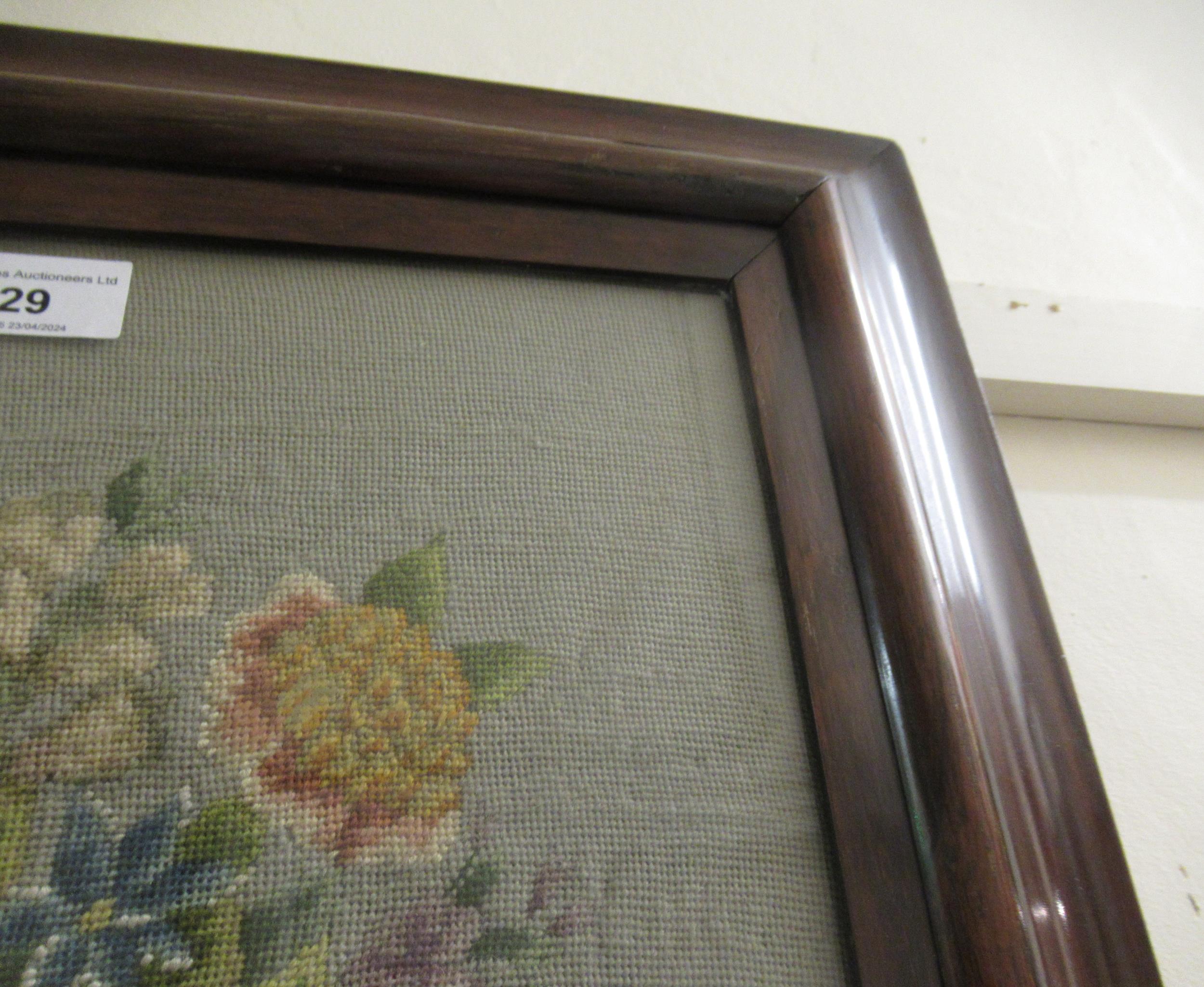Rosewood framed needlework picture, spray of flowers in a basket, 34 x 33cm Some damages to frame, - Image 5 of 8