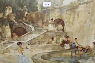 Sir William Russell Flint signed coloured print, semi nude females bathing in a courtyard, 42 x 56cm